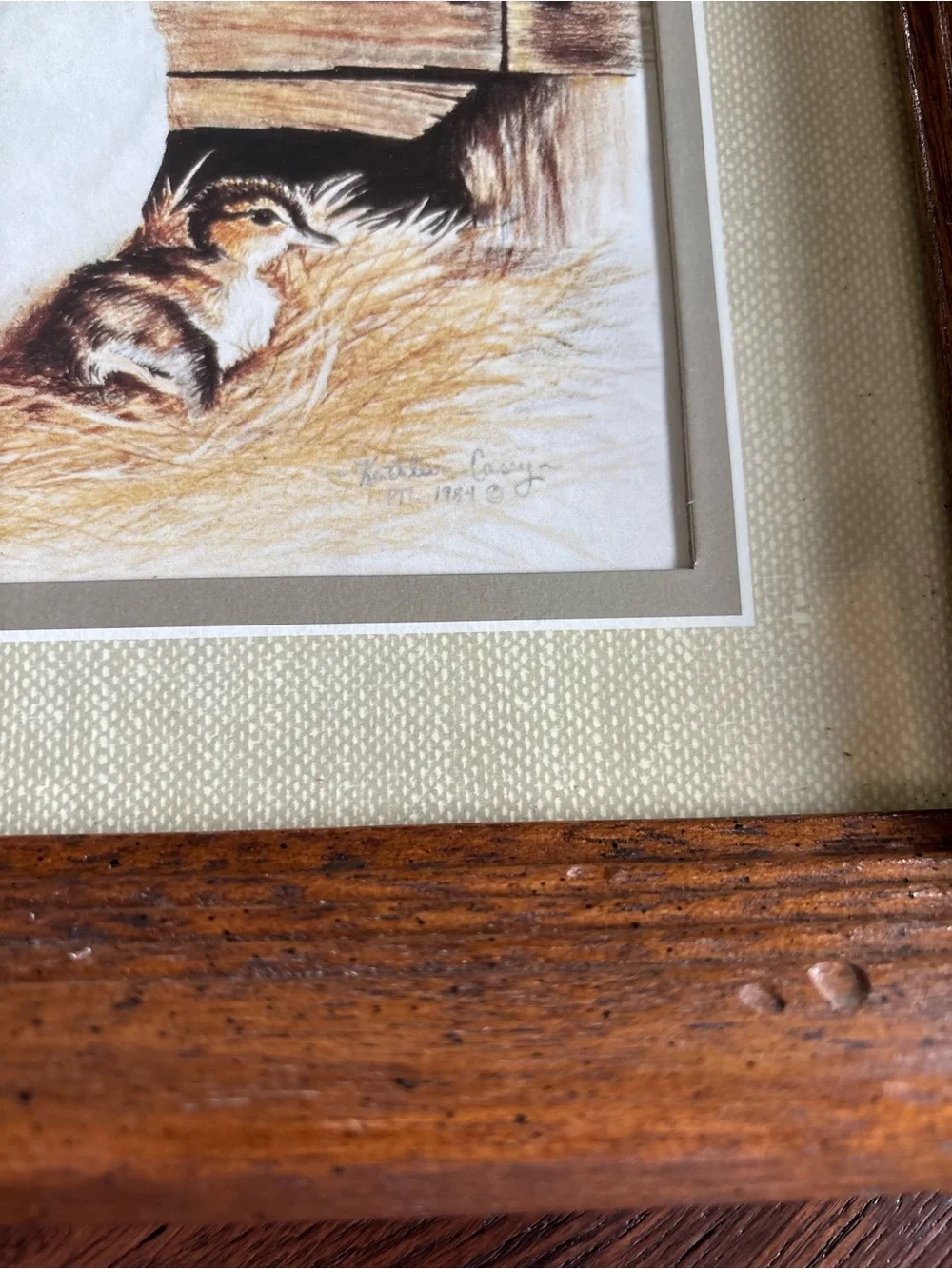 Vintage Art Print, “Duck With Ducklings” 1984 Kathleen Casey Matted Wood Frame